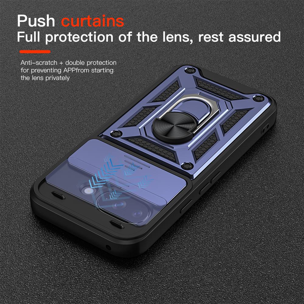KEYSION Shockproof Armor Case for Google Pixel 9A Silicone+PC Slide Camera Lens Protection Ring Stand Phone Cover for Pixel 9A