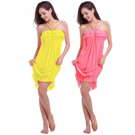 Abito da Spiaggia Scollo all'Americana Spalle Scoperte Senza Maniche Fascia Abito Estivo Colore Puro Ruffles Giuntura Morbido Traspirante Copricostume Asciugatura Rapida Beachwear