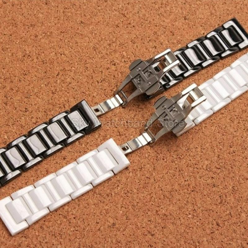 Elegant Ceramic Watch Bracelet Accessories for Geya| FOSSIL Omega Huawei Watch Strap 14 16 18mm Black White Flat Interface