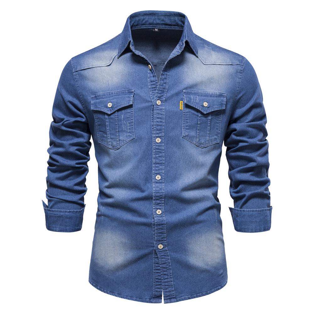 2026 Men's European Size Casual Solid Color Denim Long-Sleeve Shirt In Stock
