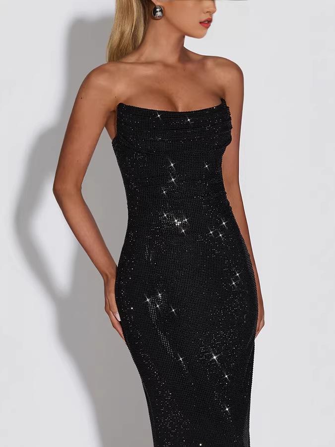 European American Women's Socialite Style Slim Fit Sleeveless Sequin Evening Gown Dress 8226