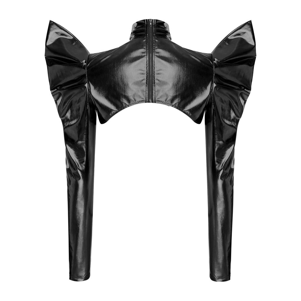 Damen ärmelloser Bodysuit mit tiefem Rücken und langärmeliger Rollkragenanzug mit Reißverschluss hinten und Schulterpanzerung, metallisch glänzend, Clubwear für Halloween-Party