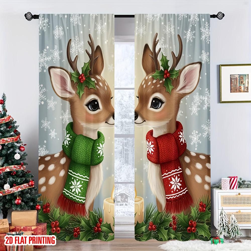 2PCS Christmas Winter Curtains, Cute Christmas Reindeer Snowflake, Digital Print, Bedroom Living Room, Rod Pocket, Home Decor