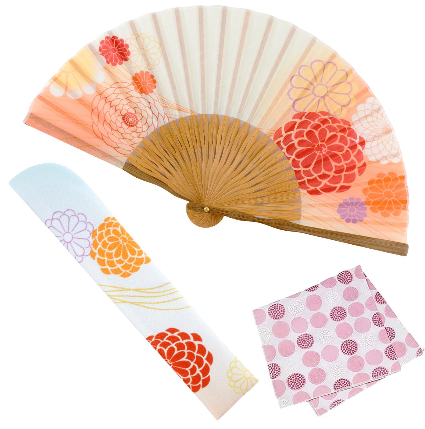 

Stylish Business Fan Set with Fan Case and Handkerchief Maikiku [Osaka Choseido] Women s - (Orange) оранжевый