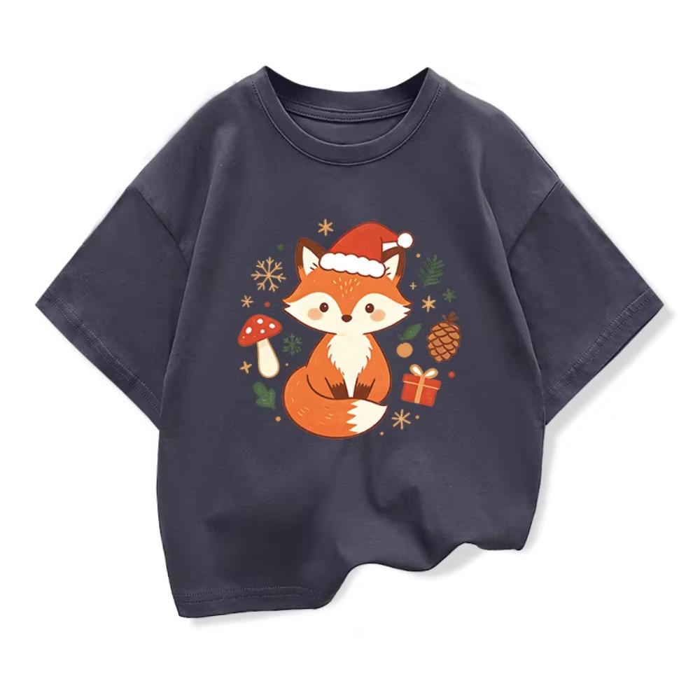 New Cute Cartoon Fox Printed Christmas Children's Gift T-shirt Summer Children's Short Sleeve Printed T-shirt Kids Tops Clothes