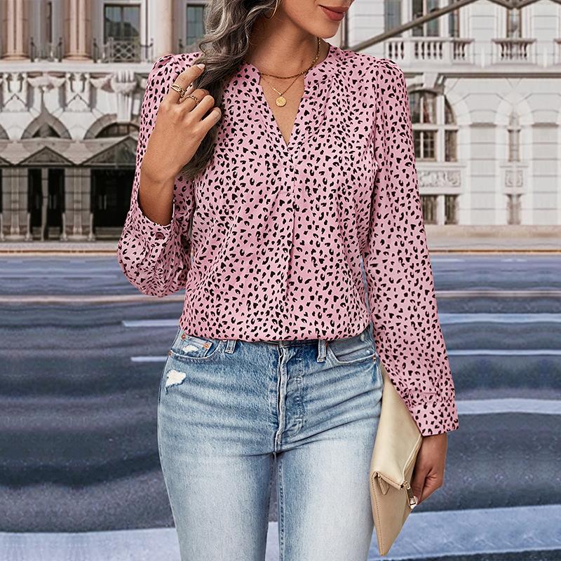 YYFS Chemisiers et chemises à manches longues et col en V pour femmes, imprimé léopard, décontracté, printemps-automne