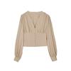 Ladies Elegant Blouse Lantern Long Sleeve Tops V Neck Crop Top Fashion Shirts Women Button Down Blouses
