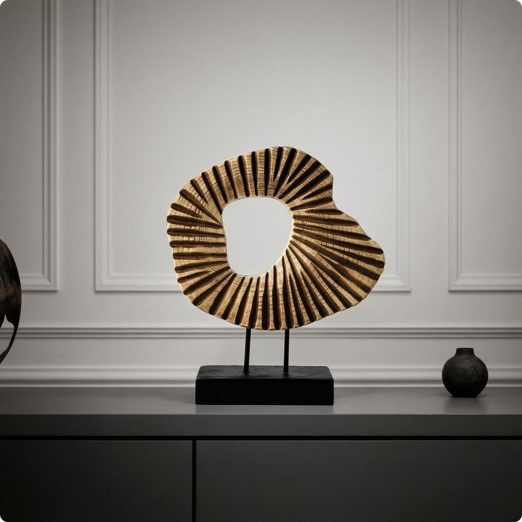 Resin Circular Form Sculpture WoodLook Abstract with Base Carved Statue Ebony