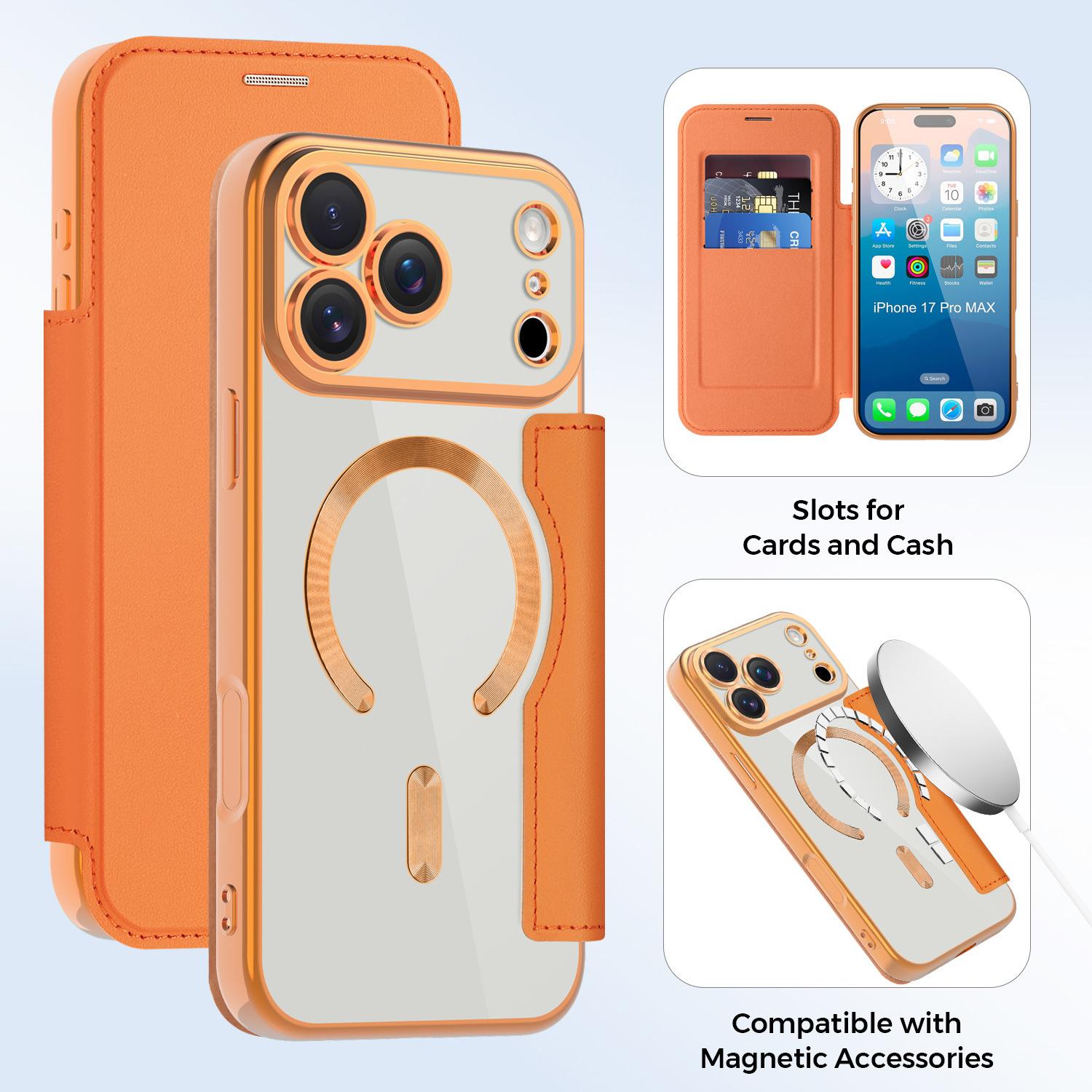 Advanced Gold Shield Magnetic Leather Case Suitable for Mobile Phone Case Apple Flip Cover All Inclusive Anti Fall iPhone 17promax оранжевый
