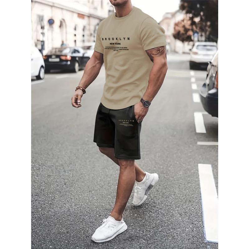 Short-sleeved shorts summer suit men's t-shirt trend round neck men's set with gangster handsome sports two-piece suit