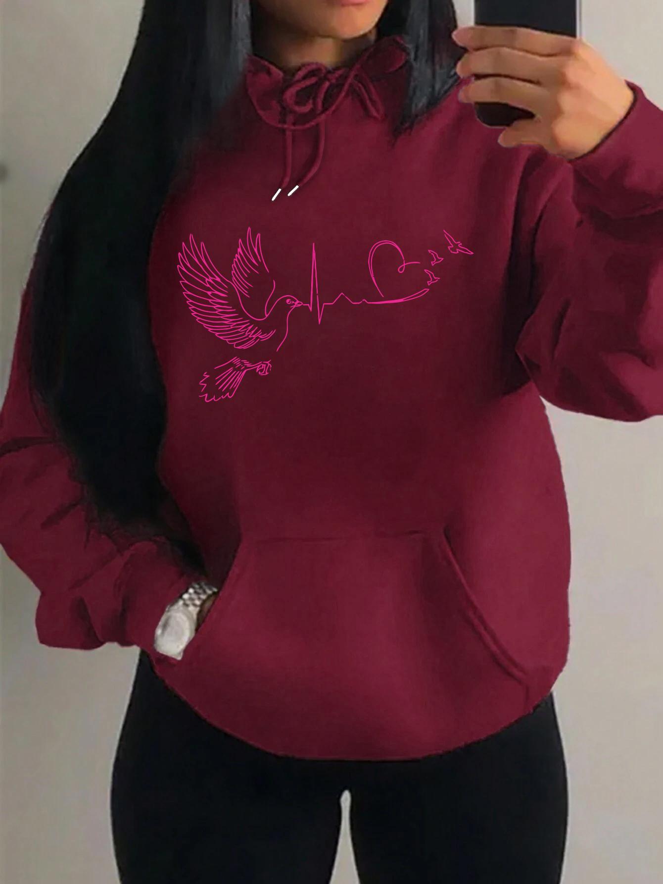 

Птица Сердце Электрокардиограмма Принт Уличная одежда для женщин Хип-хоп Теплая толстовка с капюшоном Осенний флисовый пуловер Удобная женская одежда с карманами 6XL