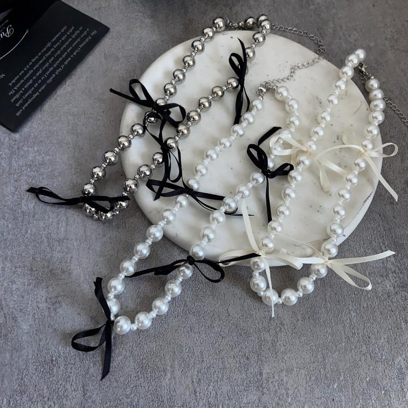 Niche light luxury pearl necklace earrings ins sweet cool style black ribbon bow pearl collarbone chain bracelet