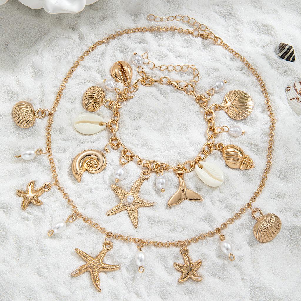 Wind Starfish Conch Pearl Set, Vintage Gold Layered Necklace, Bohemian Style Accessories
