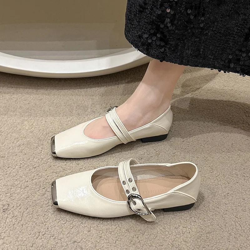 

New Fashion Buckle Belt Flats Woman Luxury Metal Square Toe Leather Shoes Elegance Low Heels Ladies Party Dress Shoes 35 бежевый