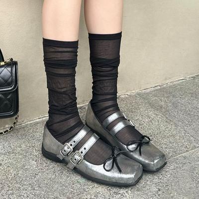 Ballerinas Damen 2025 neu silber ein Wort mit Mary Jane Schuhen flache Schleife eckige Spitze leichter Mund einzelne Schuhe