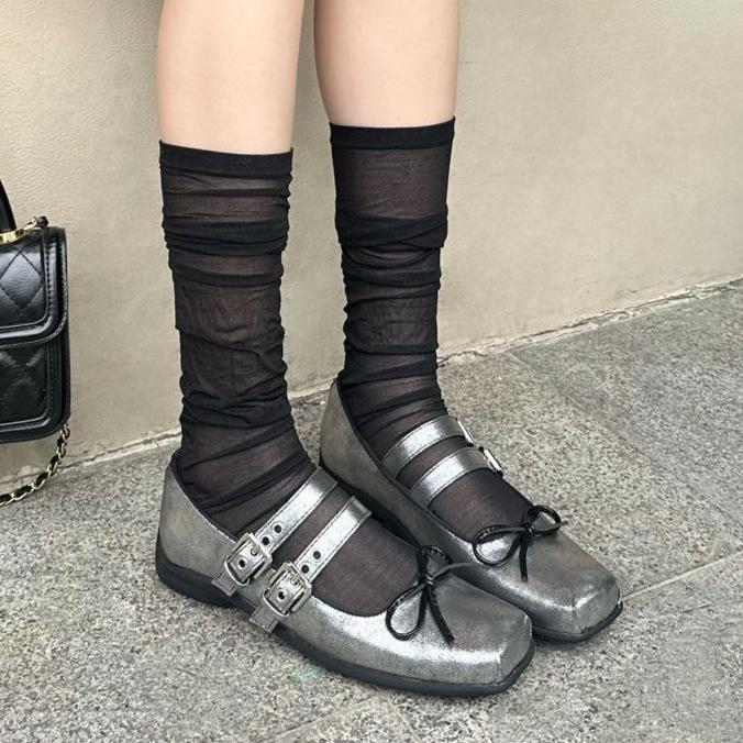 Ballet Shoes Women's 2025 New Silver One-word with Mary Jane Shoes Flat Bow Square Head Light Mouth Single Shoes