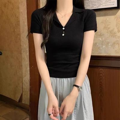 Design Lapel Shirt Women's Summer New Beautiful Chic Knitted Short-sleeved Slim-fitting Shirt Top