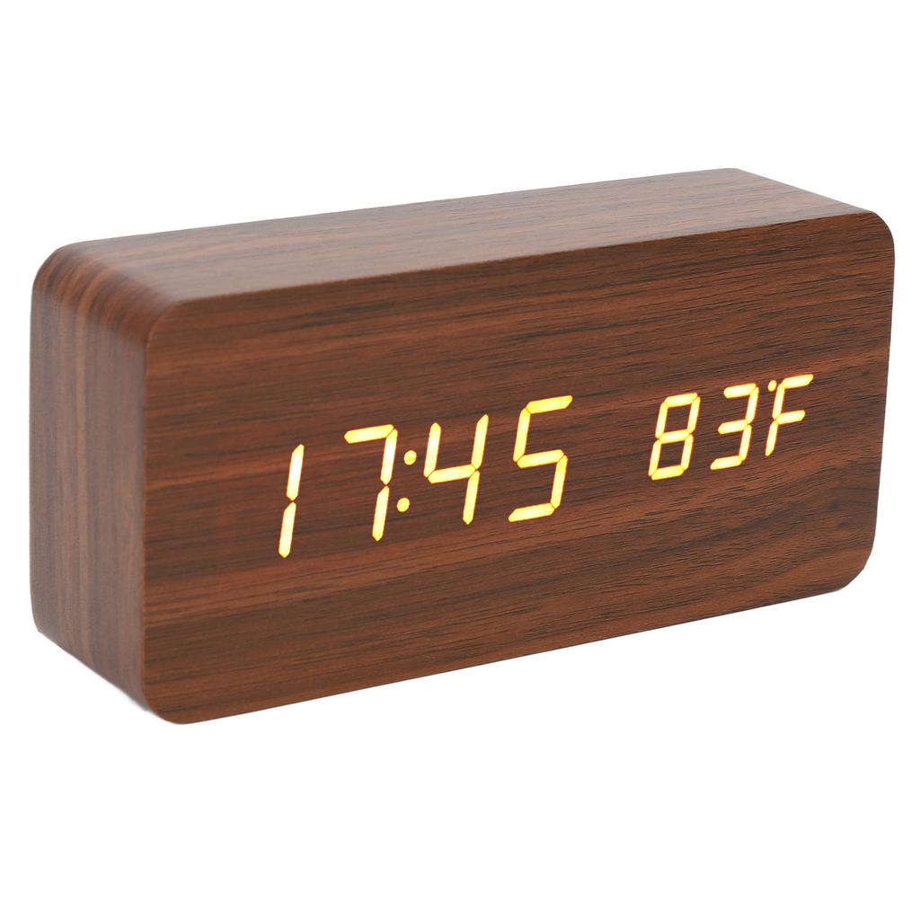 LED Wood Digital Alarm Clock 3 Level Brightness Electronic Clock with Temp Humidity Display for Bedroom Office