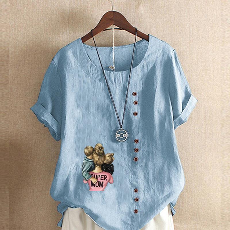 Women's New Fashion Linen Shirt Round Neck Short Sleeve Holding Children Pattern Printed T-shirt Summer Ladies Casual Plus Size Blouse Tops