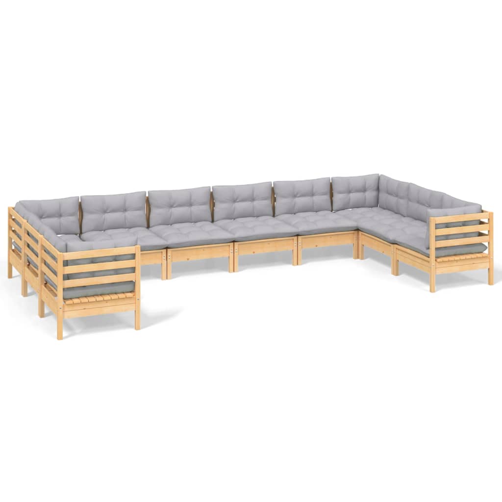 10 Piece Garden Lounge Set with Grey Cushions Pine Wood