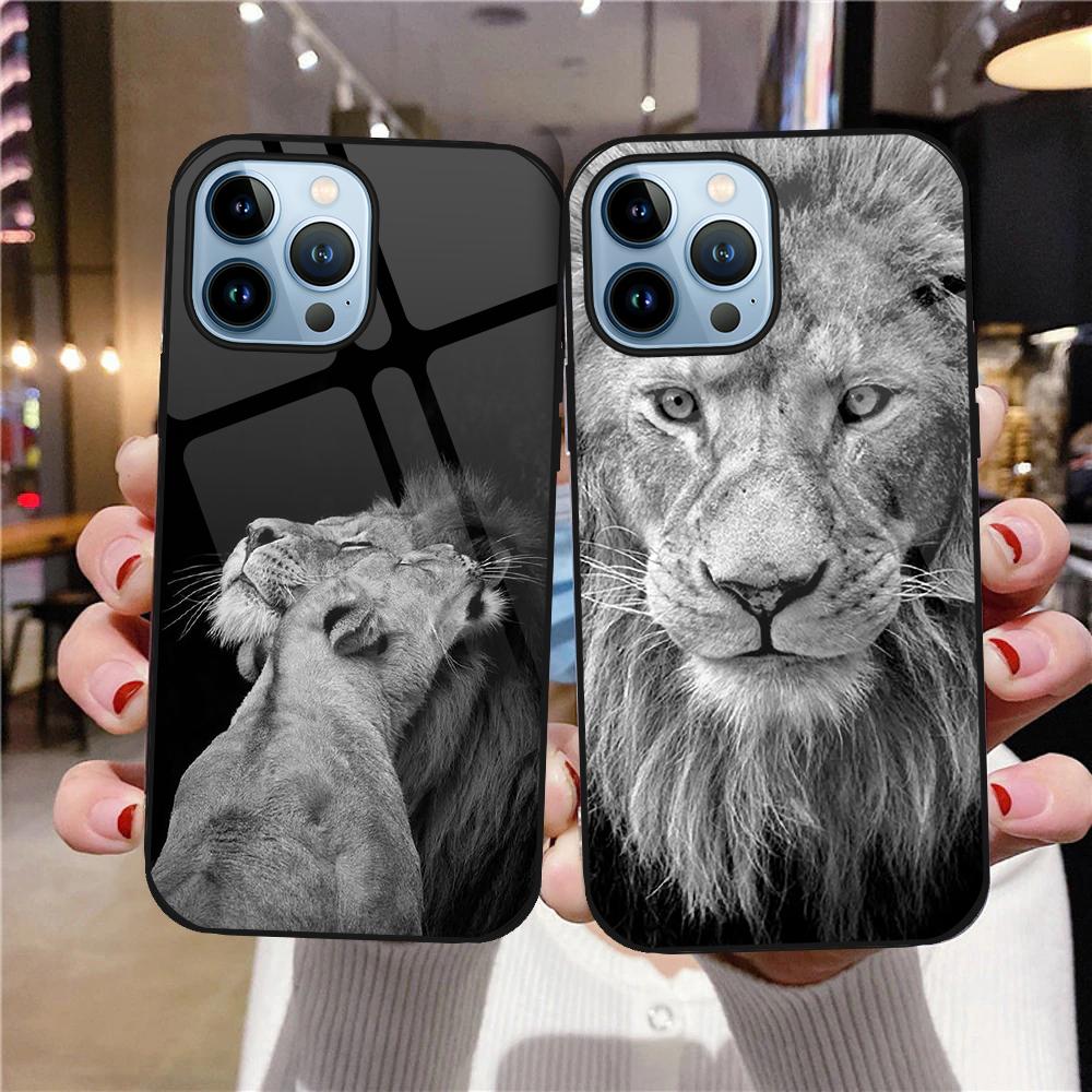 Löwe-Telefonhülle aus gehärtetem Glas für iPhone 14 13 11 12 Pro Max Mini Xs Xr