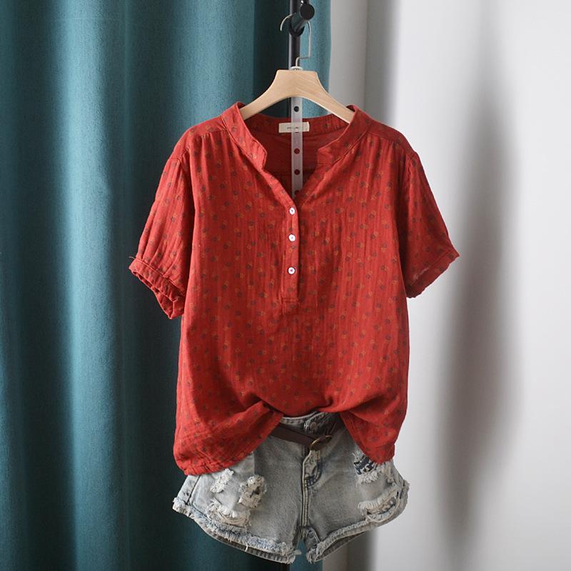 Koreanische Version des doppellagigen Baumwollgarn-bedruckten halb geöffneten V-Ausschnitt-Kurzarmshirts Damen Freizeit Locker Oberteil