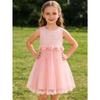 Girls' White Lace Mesh Princess Dress Sleeveless Round Neck Beaded Flower Girl Skirt Children's Wedding Bridesmaid Birthday Party Performance Dress