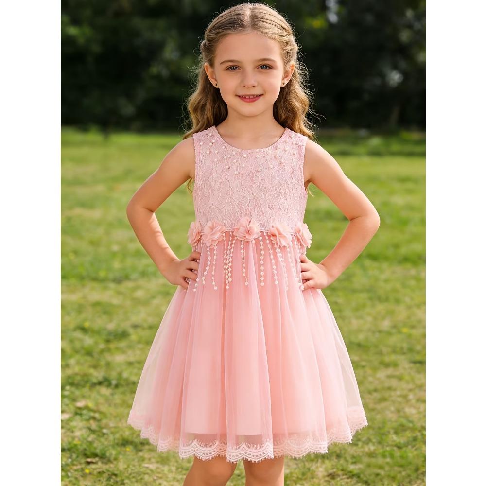 Girls' White Lace Mesh Princess Dress Sleeveless Round Neck Beaded Flower Girl Skirt Children's Wedding Bridesmaid Birthday Party Performance Dress