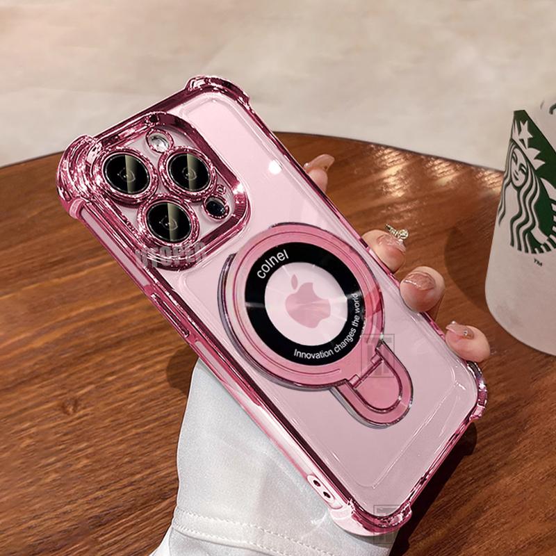 Luxury New Flip Bracket Transparent Case for iPhone 16 15 14 13 11 12 Pro Max Plus Magsafe Magnetic Plating Shockproof Cover