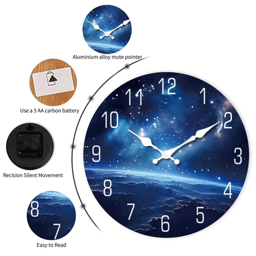 Easy Read Space Wall Clock, Silent Non-Ticking, Cosmic Galaxy Print, Battery Operated for Room & Office