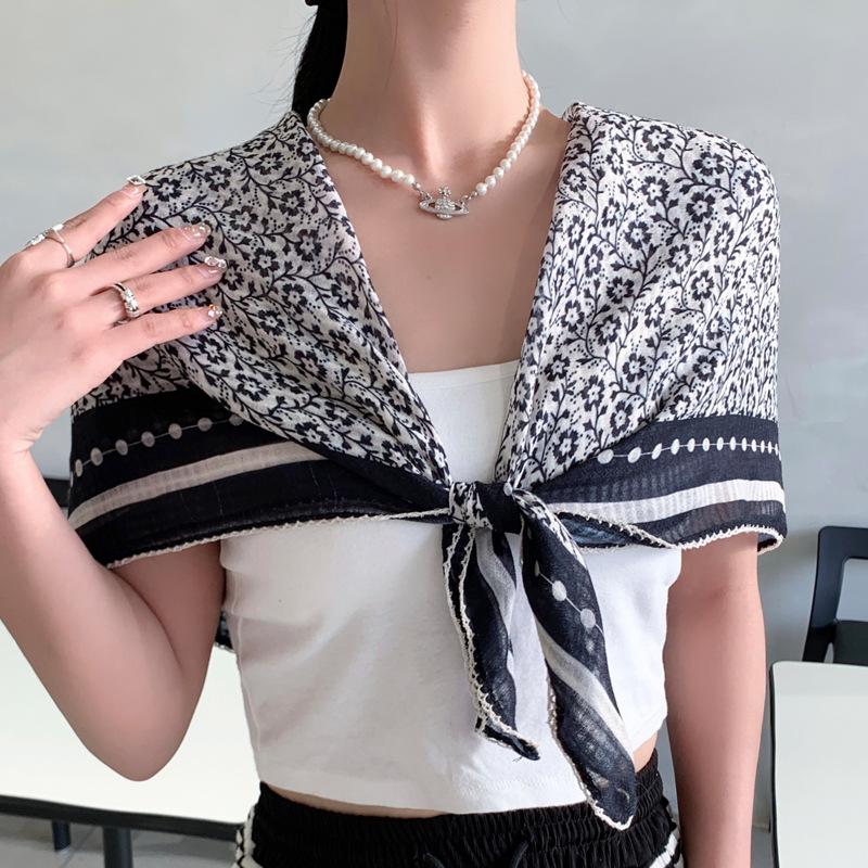 Floral cotton-linen large square scarf, silk scarf women's strapless scarf, sun-protection headscarf, vintage high-end style INS shawl, 91x91