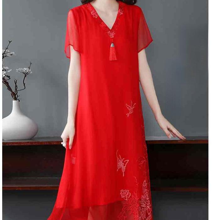 Chinese Style Embroidered Dress Summer Women Slim-Fitting Vintage Design with V-Neck A-Line Cheongsam Dress