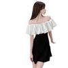 Large size French celebrity one-word collar off-the-shoulder dress for women's summer new ruffle edge waist small black dress short skirt