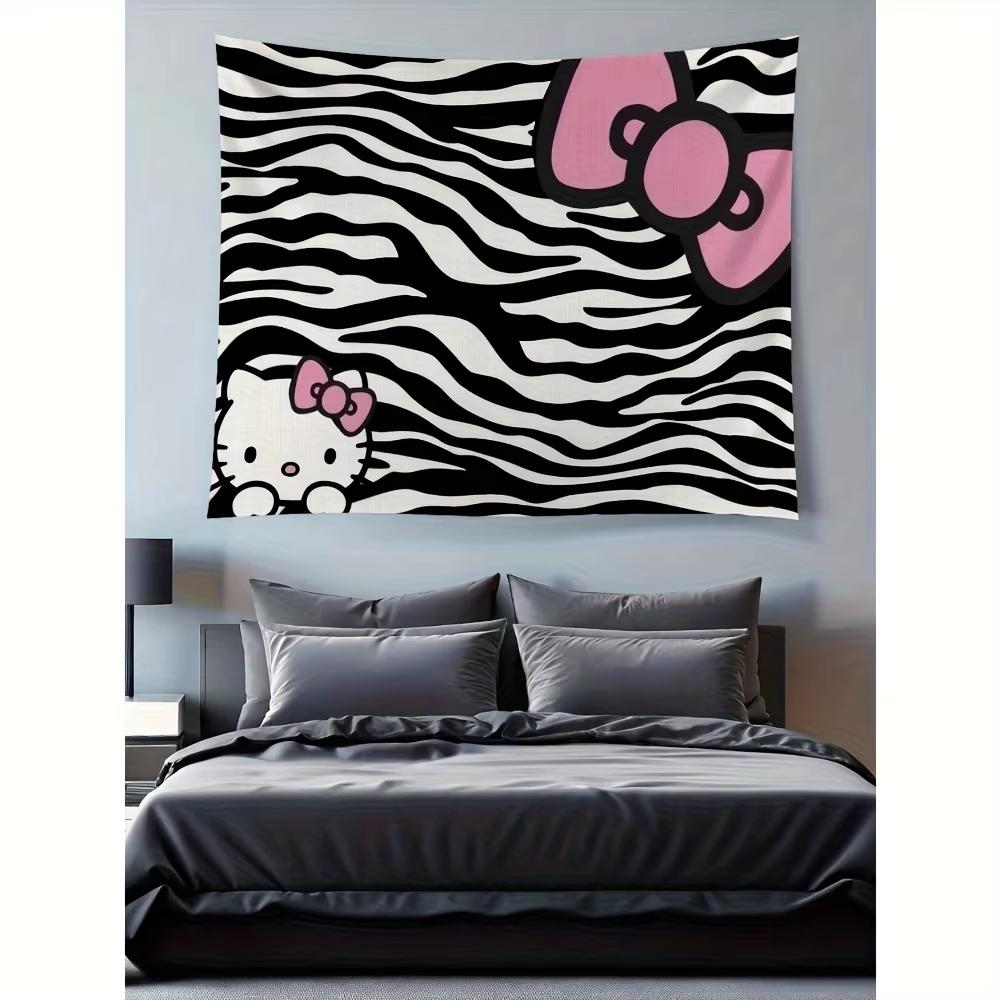 Sanrio Hello Kitty Black White Zebra Tapestry, Official Kawaii Wall Hanging With Pink Bow For Bedroom Dorm Party Gift