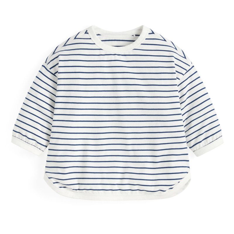 Girl Long Sleeves T-Shirt 2024 New Arrival Spring & Fall Boy s 3/4 Sleeve Kids Stripes Bottoming Shirt Baby 100% Cotton Coat Blue 120 cm
