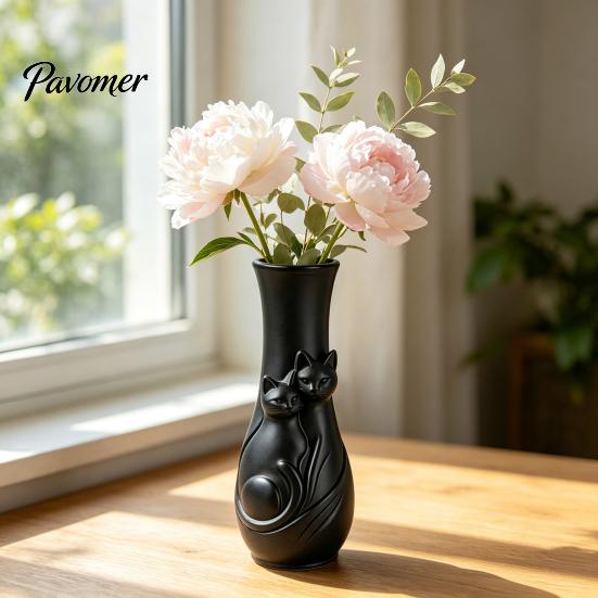 Dried Flower Arrangement Holder Couple Cats Vase, Plastic Snuggling Cat Vase for Home, Modern Home Interior Accents Desk, Shelf Decor, Tabletop Floral