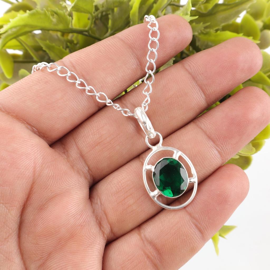 Green Emerald Stone Sterling Silver Trendy Mother Gift Engagement May Pendant PP-6-9