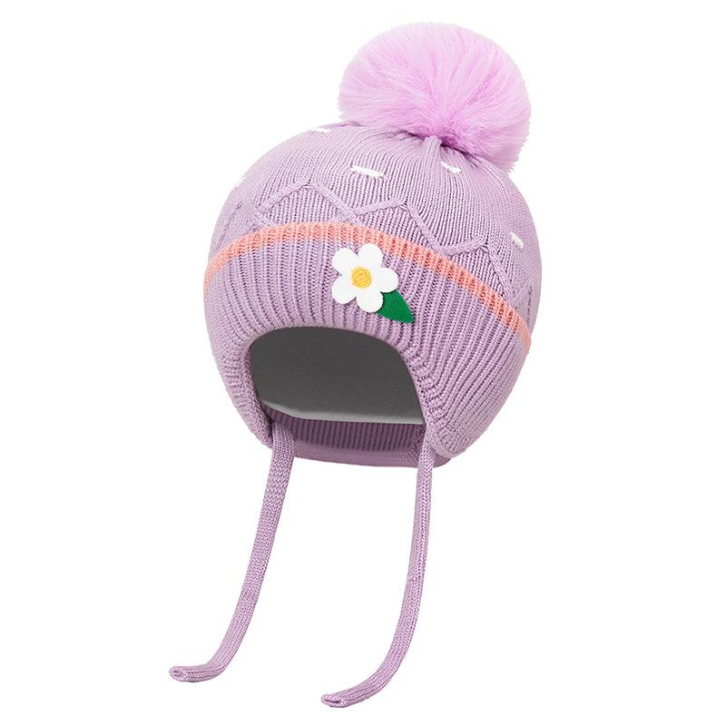 Bonnet en laine résistant au froid pour enfants, automne hiver, fille, épais et chaud, protection des oreilles, fleur, boule de cheveux, bonnet tricoté