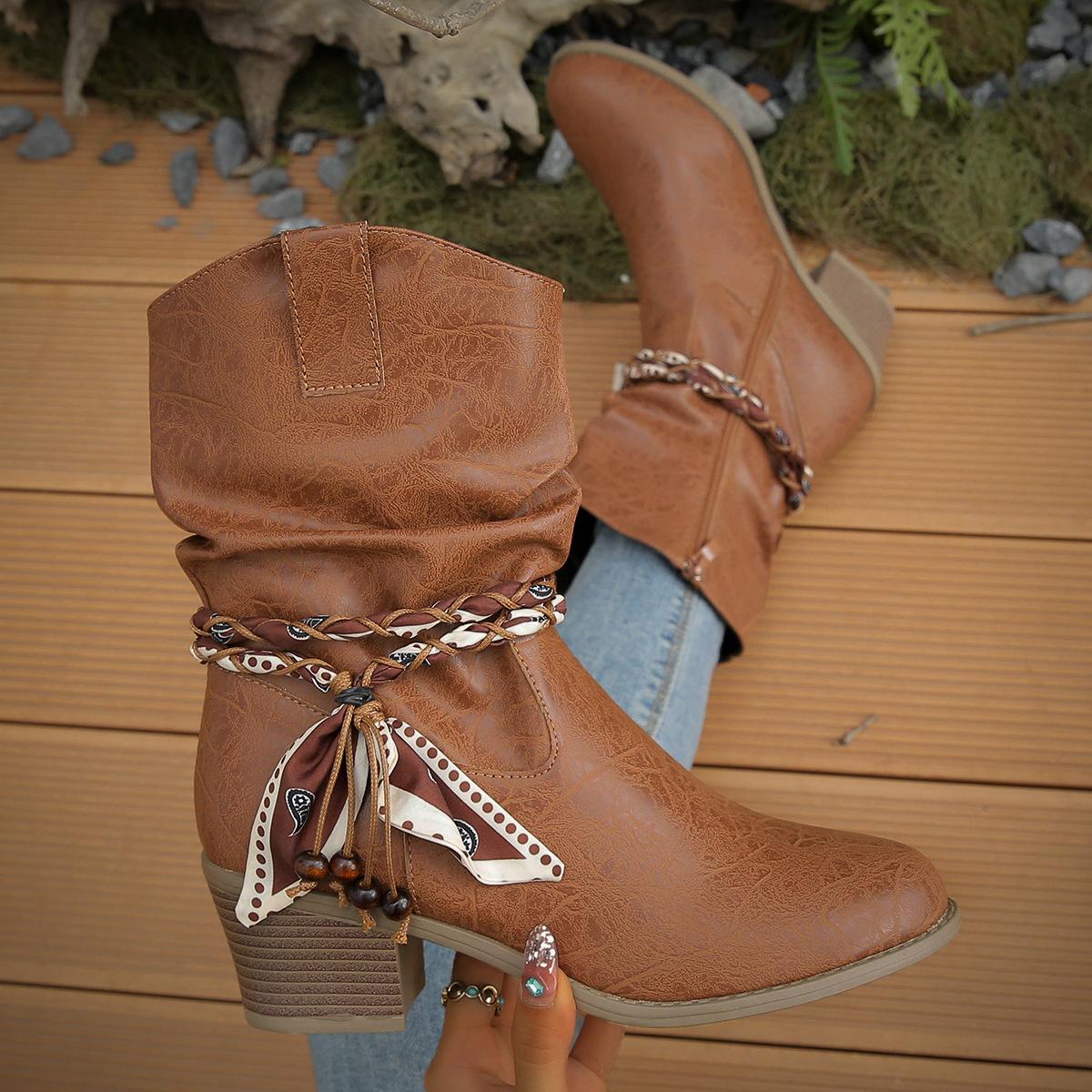 

European and American fashion medium tube fashion boots foreign trade large size retro thick heel strap foot cover western knight women s shoes 42 светло-коричневого