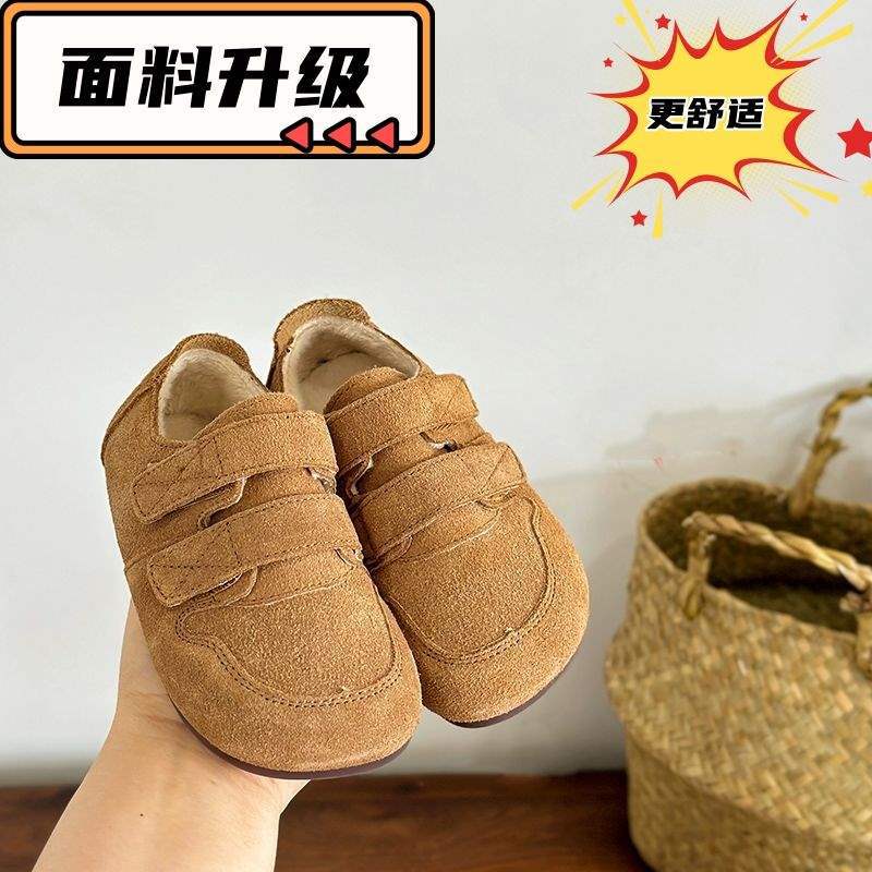 Korean Children's Birkenstocks, Boys' Winter Velvet Casual Shoes, Velcro Retro Girls' Two Cotton Shoes, Warm and Non-slip