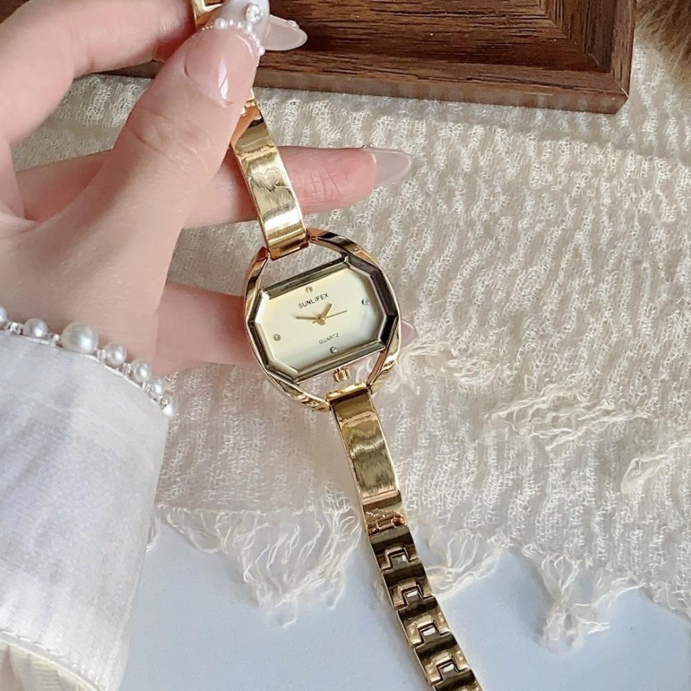 Minimalist Octagonal Rhinestone Dial Ladies Quartz Watch Thin Metal Bangle Elegant Daily Wrist Watch