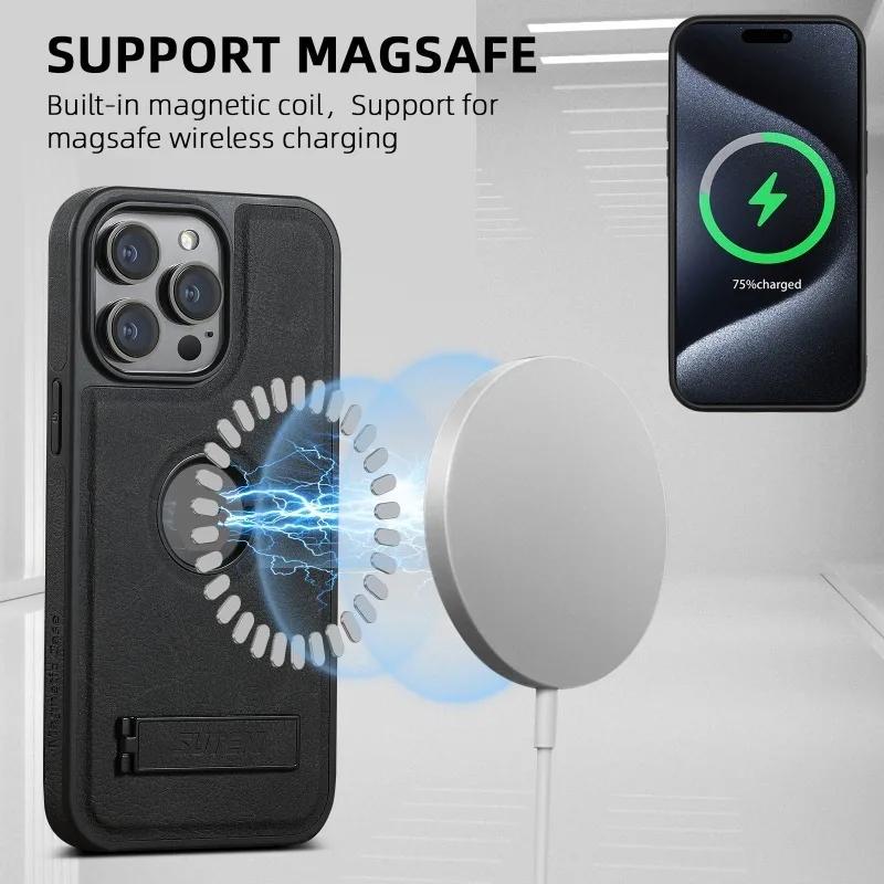 Leather Magnetic Clemence Holder Phone Case for IPhone 15 14 Plus 13 12 Pro Max WIth Kickstand Shockproof Protective Back Cover