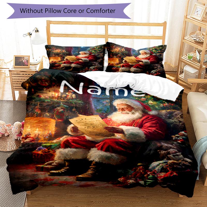 3pcs Custom Name Christmas Santa Claus Bedding Set Duvet Cover Closure Includes 1 Duvet Cover & 2 Pillowcases, Soft and Comfortable for All Seasons.