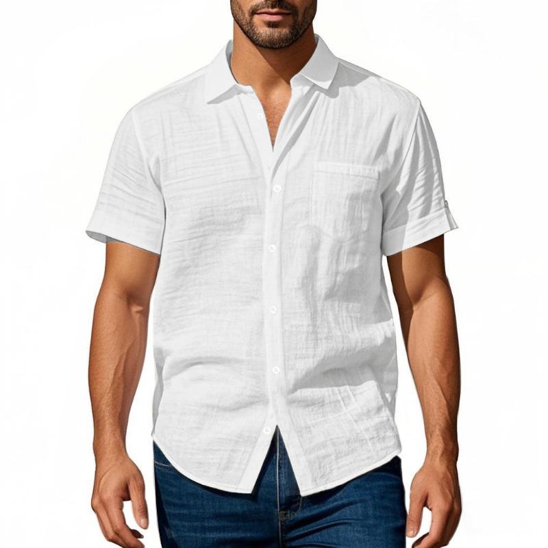 

Men s Crinkle Textured Short Sleeve Button Down Shirt With Chest Pocket S белый