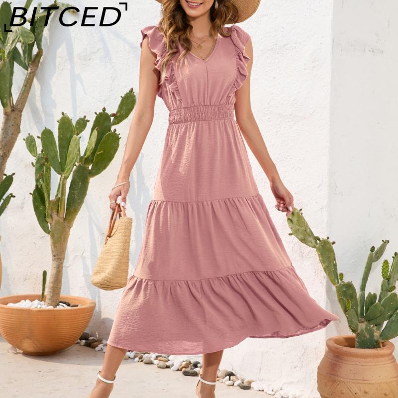 

BITCED V-Neck High-Waisted Tiered Dress Long Dress Casual Resort Travel Dress XXL розовый