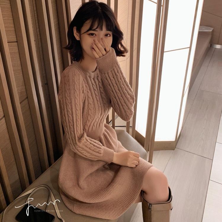 Twisted Knitted Dress for Women In Autumn and Winter High-waisted Casual Long-sleeved Pullover Solid-color Sweater