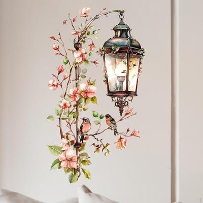 Flower Vine Wall Sticker,Wall Decor Creative Decorative Floral and Lamp Decal for TV Background