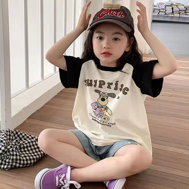 

Girls Cartoon Print Color Block Raglan T-Shirt - Korean Style Summer Fashion 90 cm