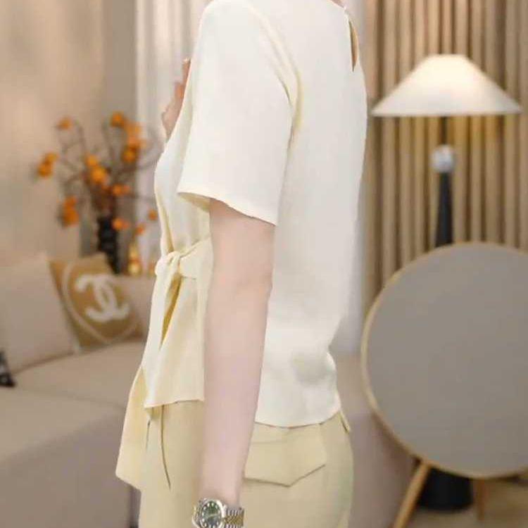 Plus Size European Style Tie-Up Short Sleeve T-Shirt for Women - Summer 2025 Loose Slimming Fashion Top for Full-Figured Women