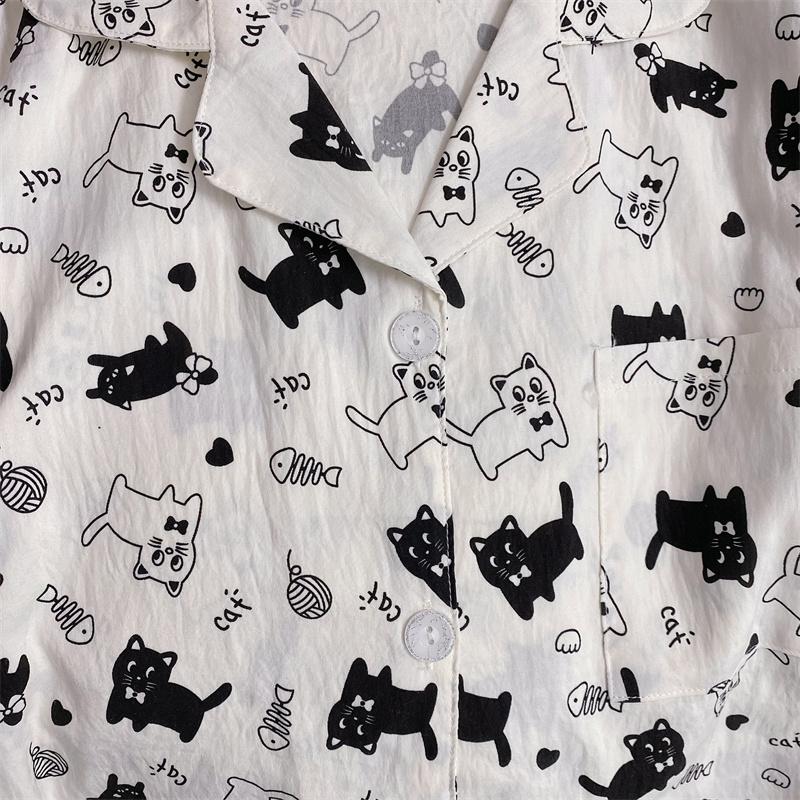 Cartoon Letter Cat Print Women's Pajamas Set New Spring Soft Casual Pajamas Set for Women Korean Cute Home Wear